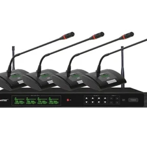 HTDZ Wireless Conference System HT-840B with four gooseneck microphones and digital control unit for professional meetings, seminars, and corporate conferences